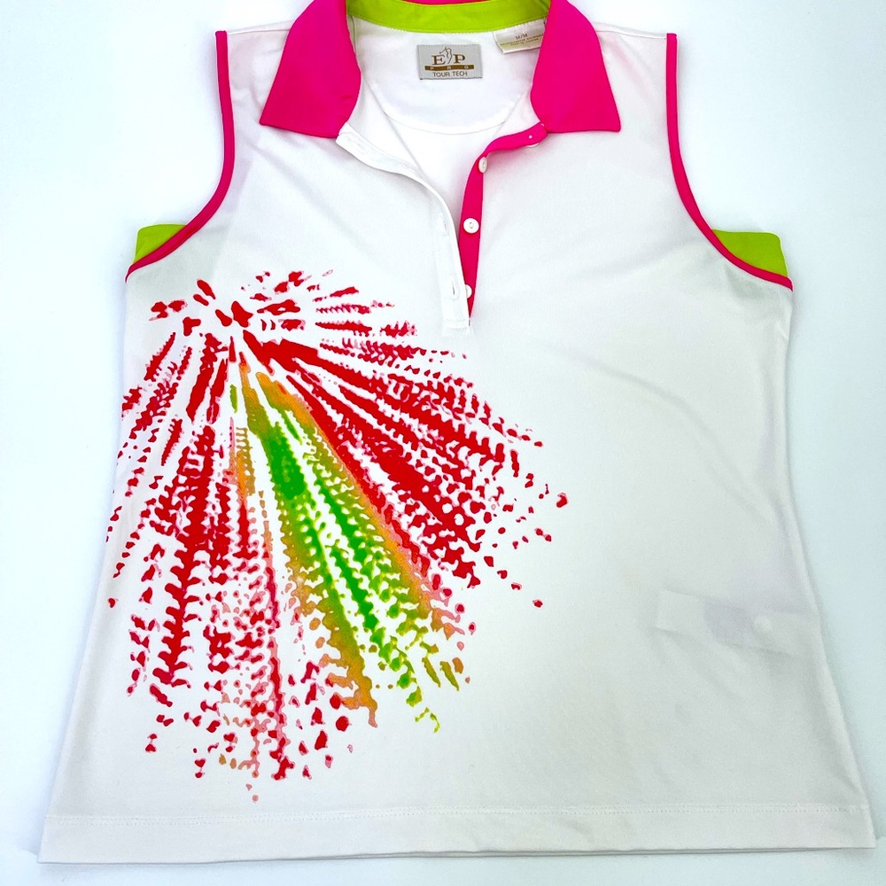 E P Pro Women’s Sleeveless Golf Performance Polo Size M White Pink Lime